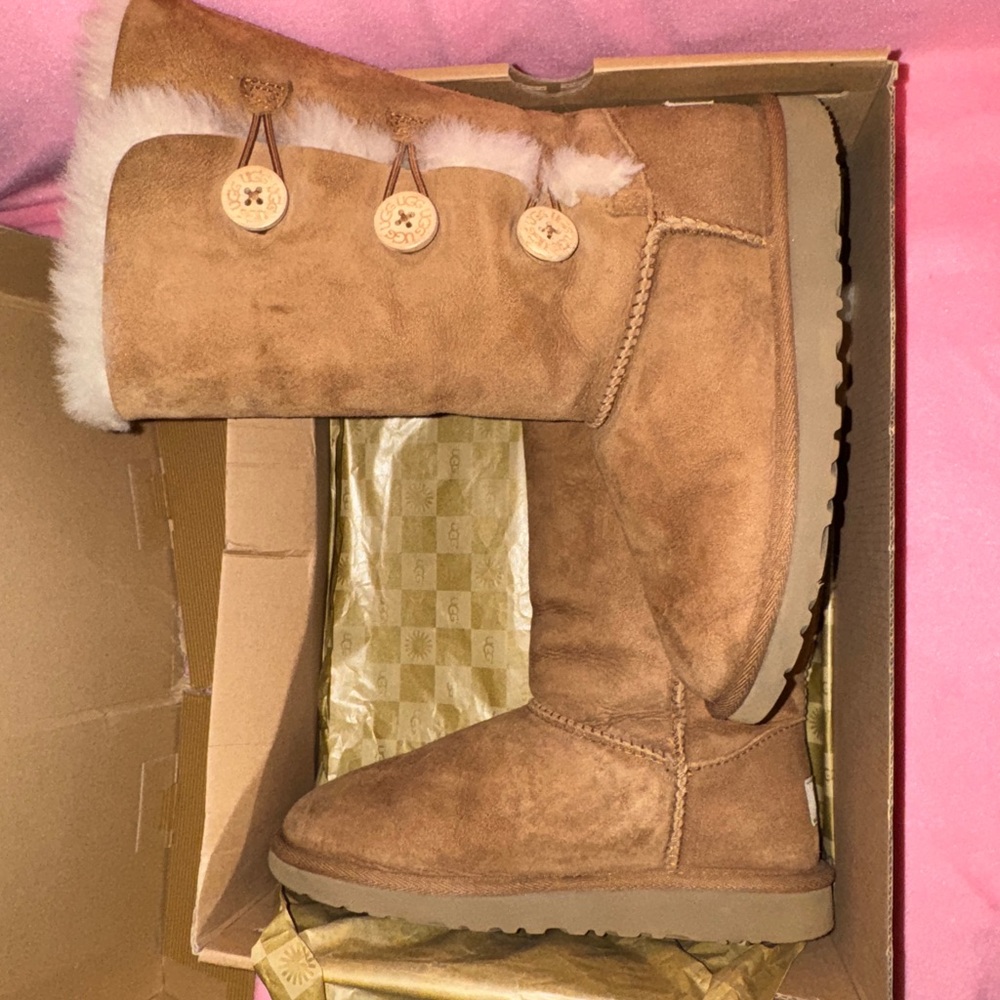 Brand new UGG chestnut Brown Suede Boots with Button Accents in box.